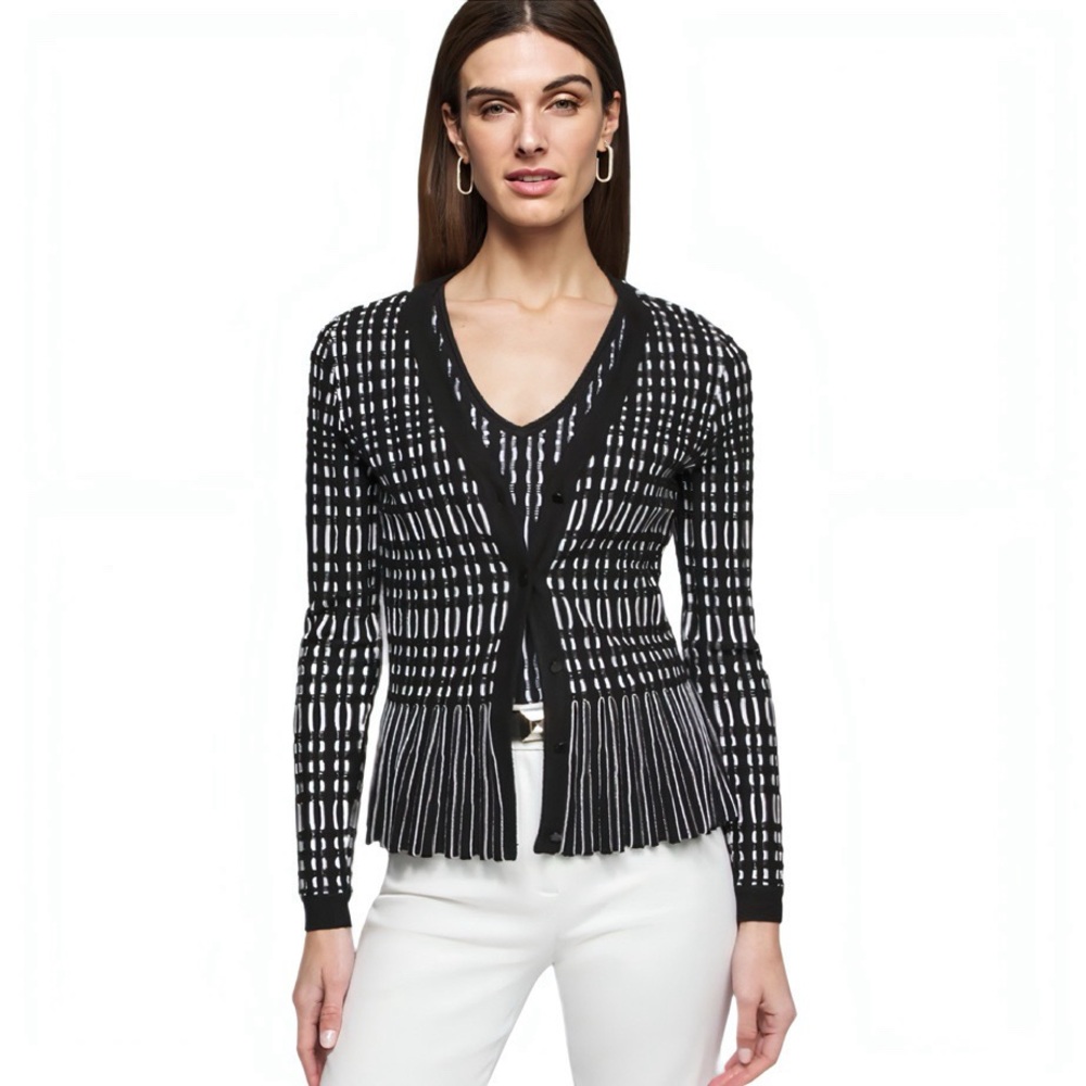 White House Black Market Black & White Rib-Knit Peplum Women's Cardigan Twinset